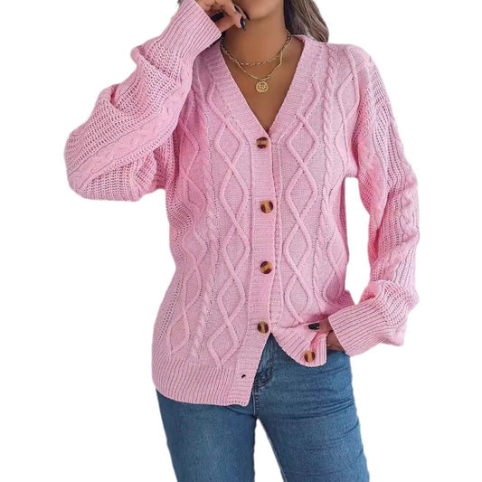 V-neck lantern sleeve Fried Dough Twists button cardigan sweater coat