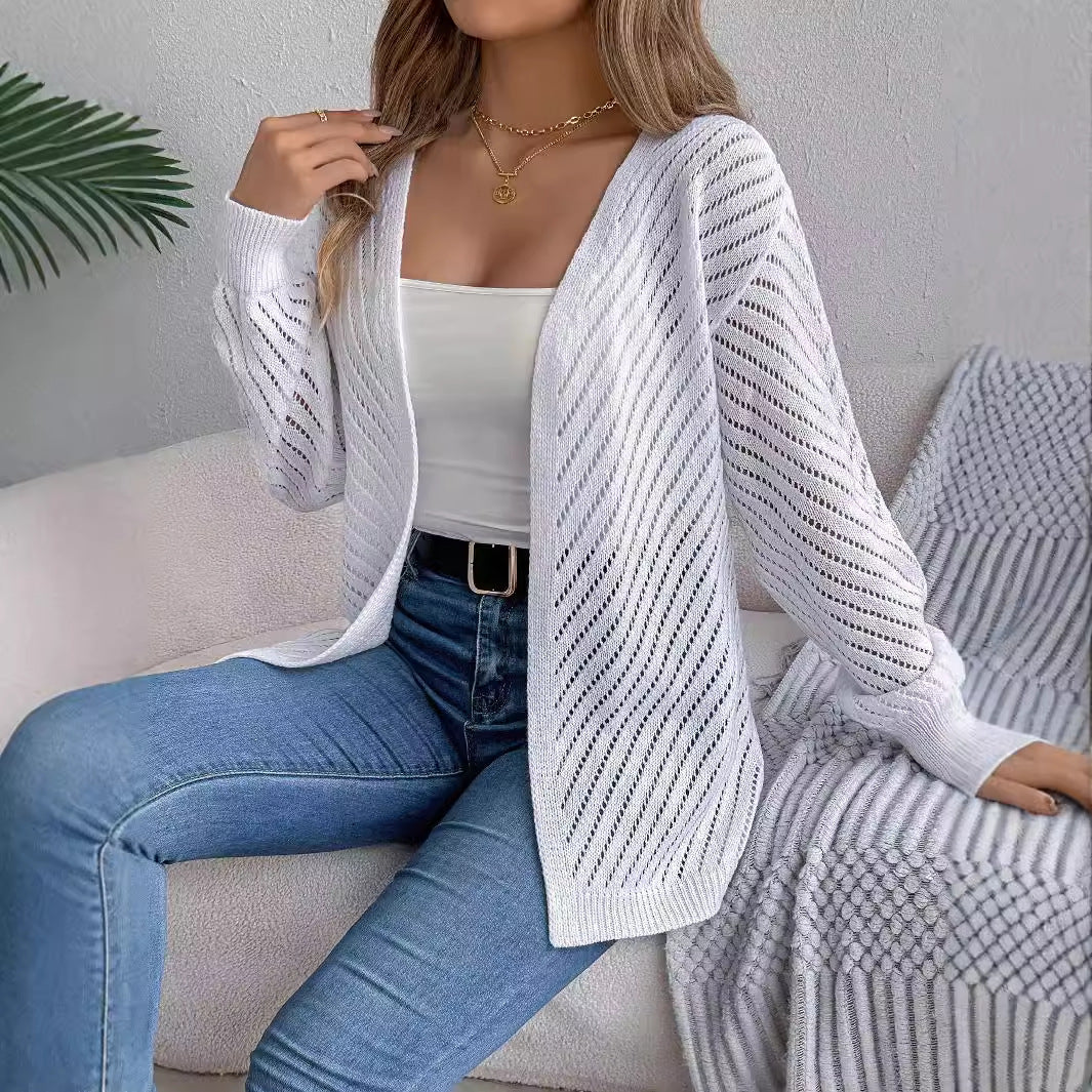 Casual solid color hollow out long sleeved cardigan sweater jacket