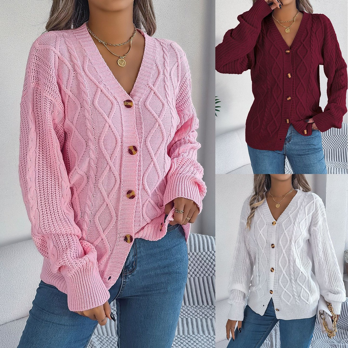 V-neck lantern sleeve Fried Dough Twists button cardigan sweater coat