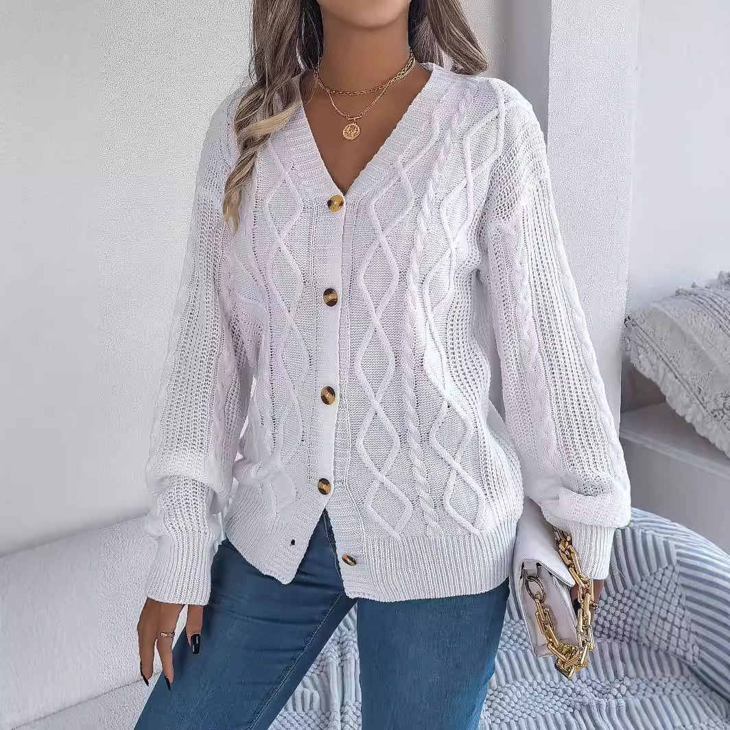 V-neck lantern sleeve Fried Dough Twists button cardigan sweater coat