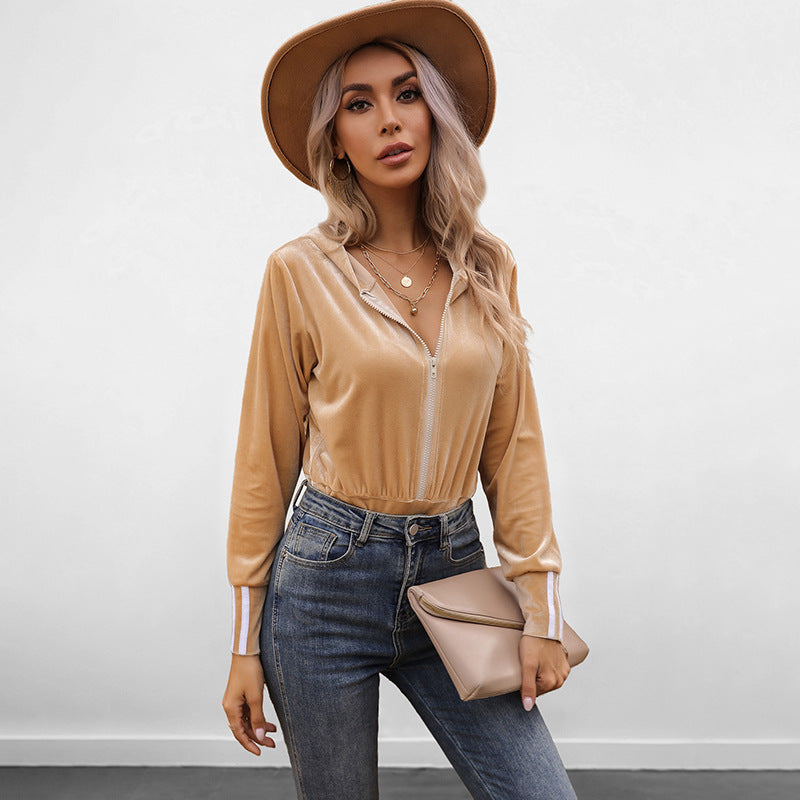 Solid Color Long Sleeve High Waist Hooded Tight-Fit Jumpsuit