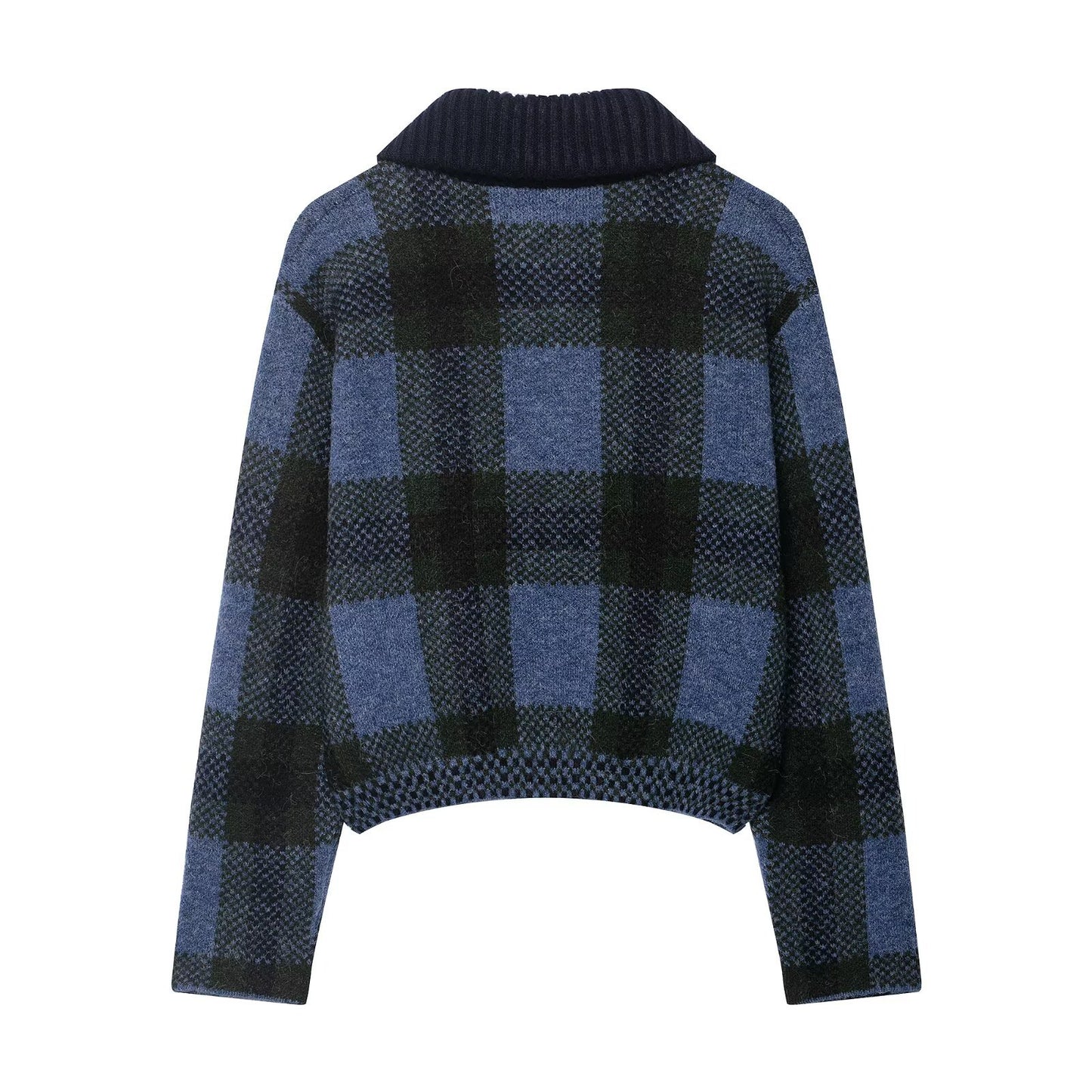 Collar plaid zipper blue knitted cardigan for women