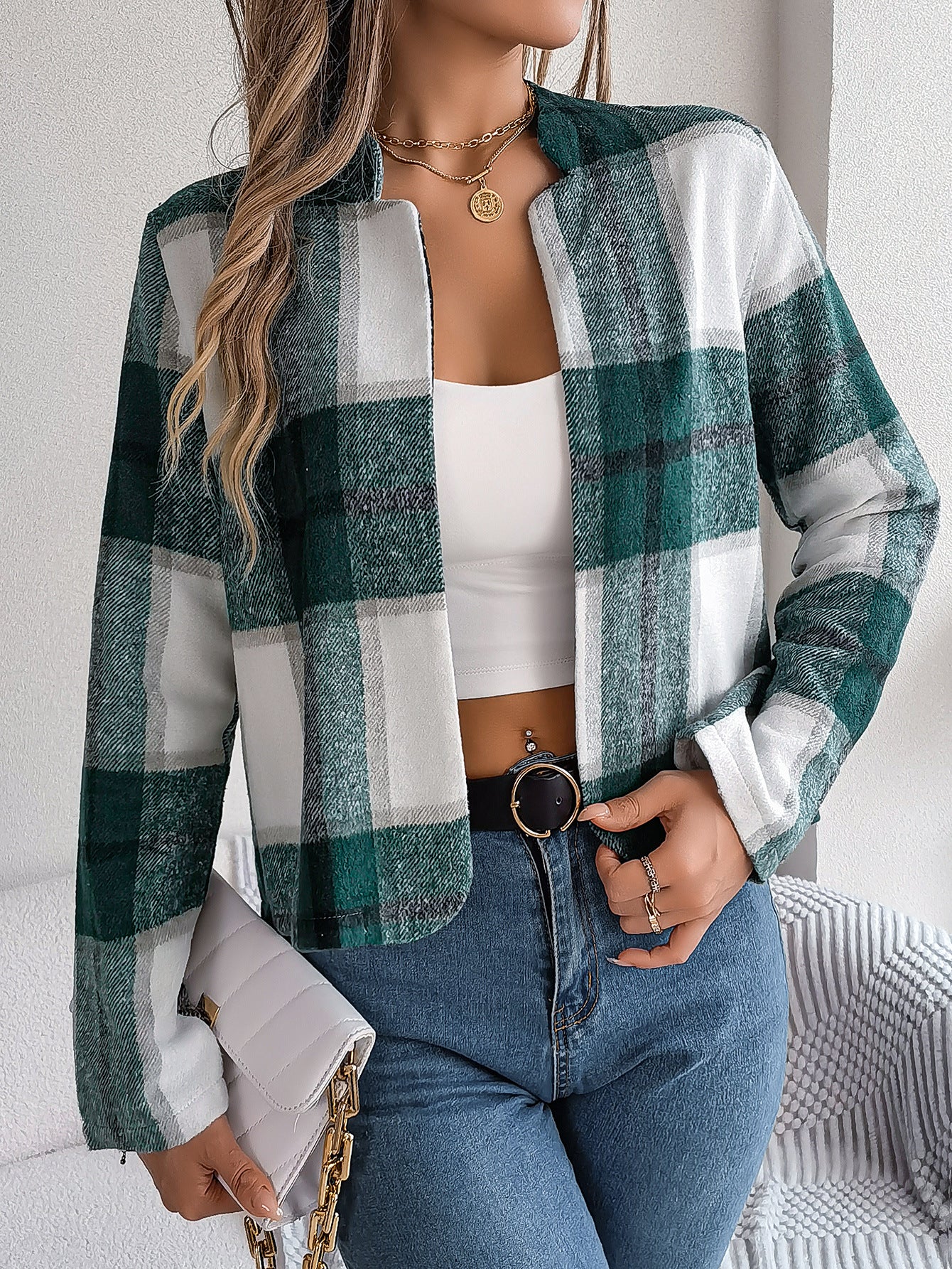 Casual plaid long sleeved woolen jacket