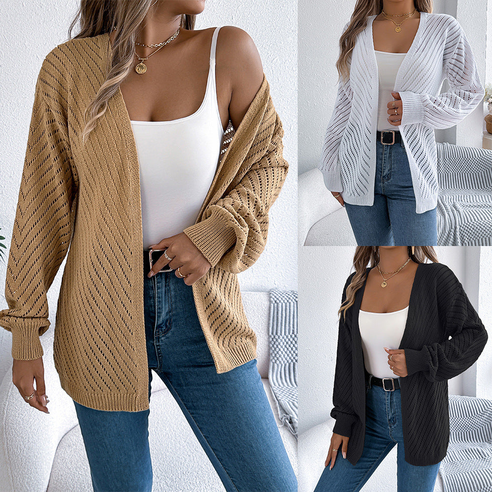 Casual solid color hollow out long sleeved cardigan sweater jacket