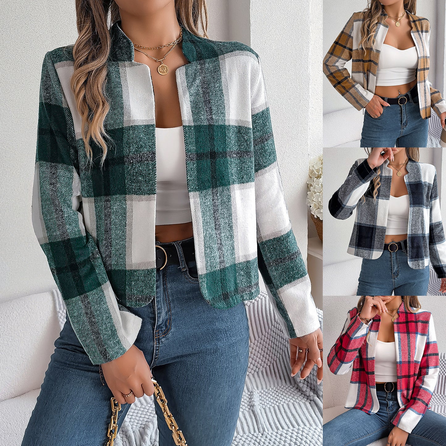 Casual plaid long sleeved woolen jacket