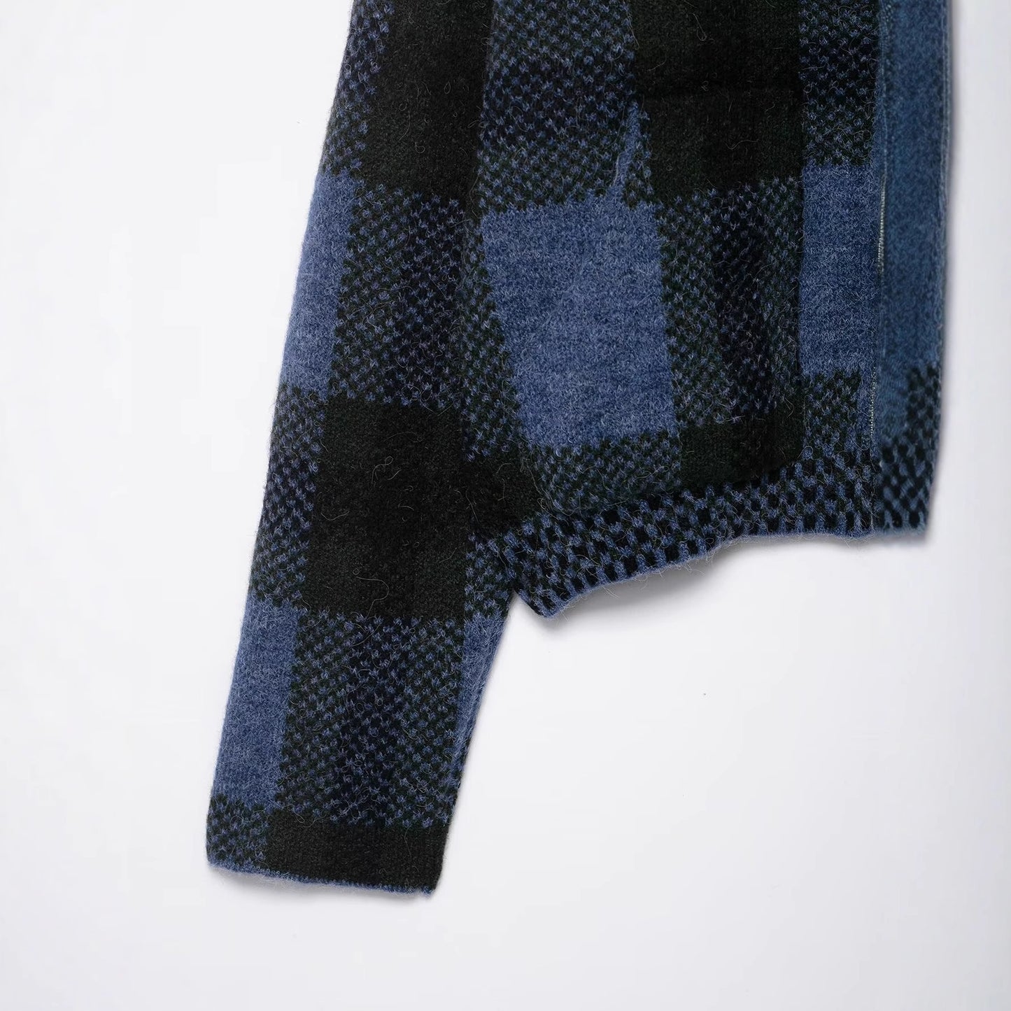 Collar plaid zipper blue knitted cardigan for women