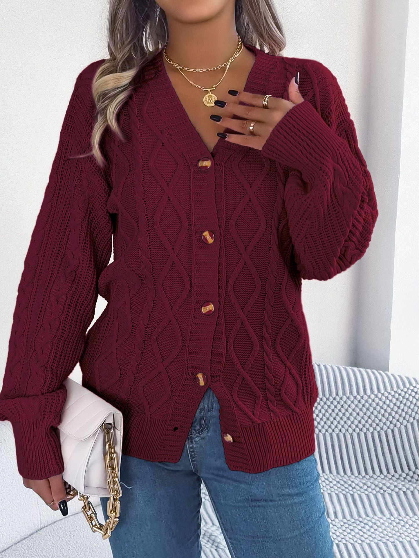 V-neck lantern sleeve Fried Dough Twists button cardigan sweater coat