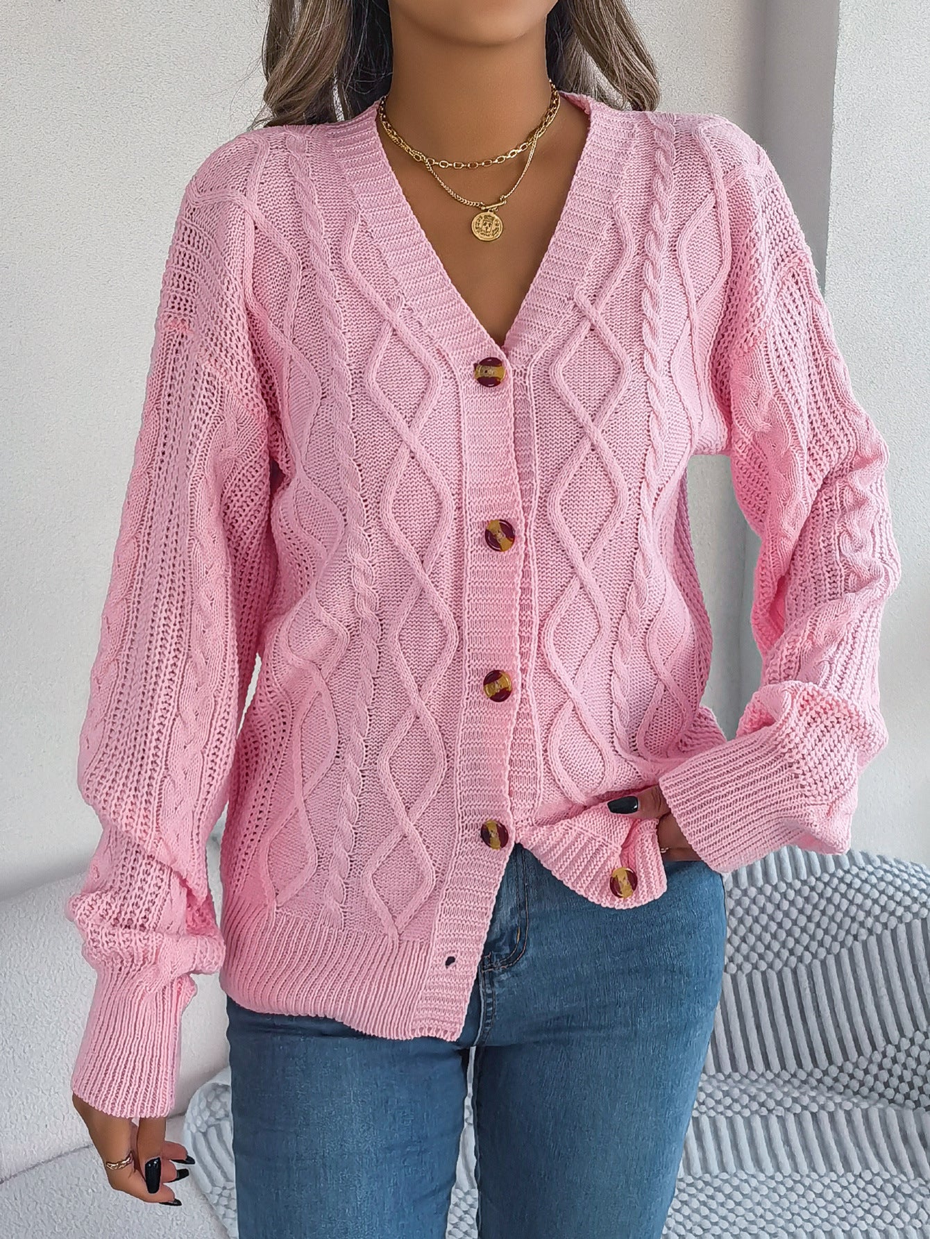 V-neck lantern sleeve Fried Dough Twists button cardigan sweater coat