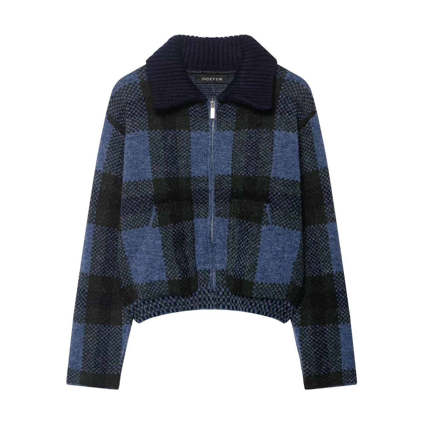 Collar plaid zipper blue knitted cardigan for women