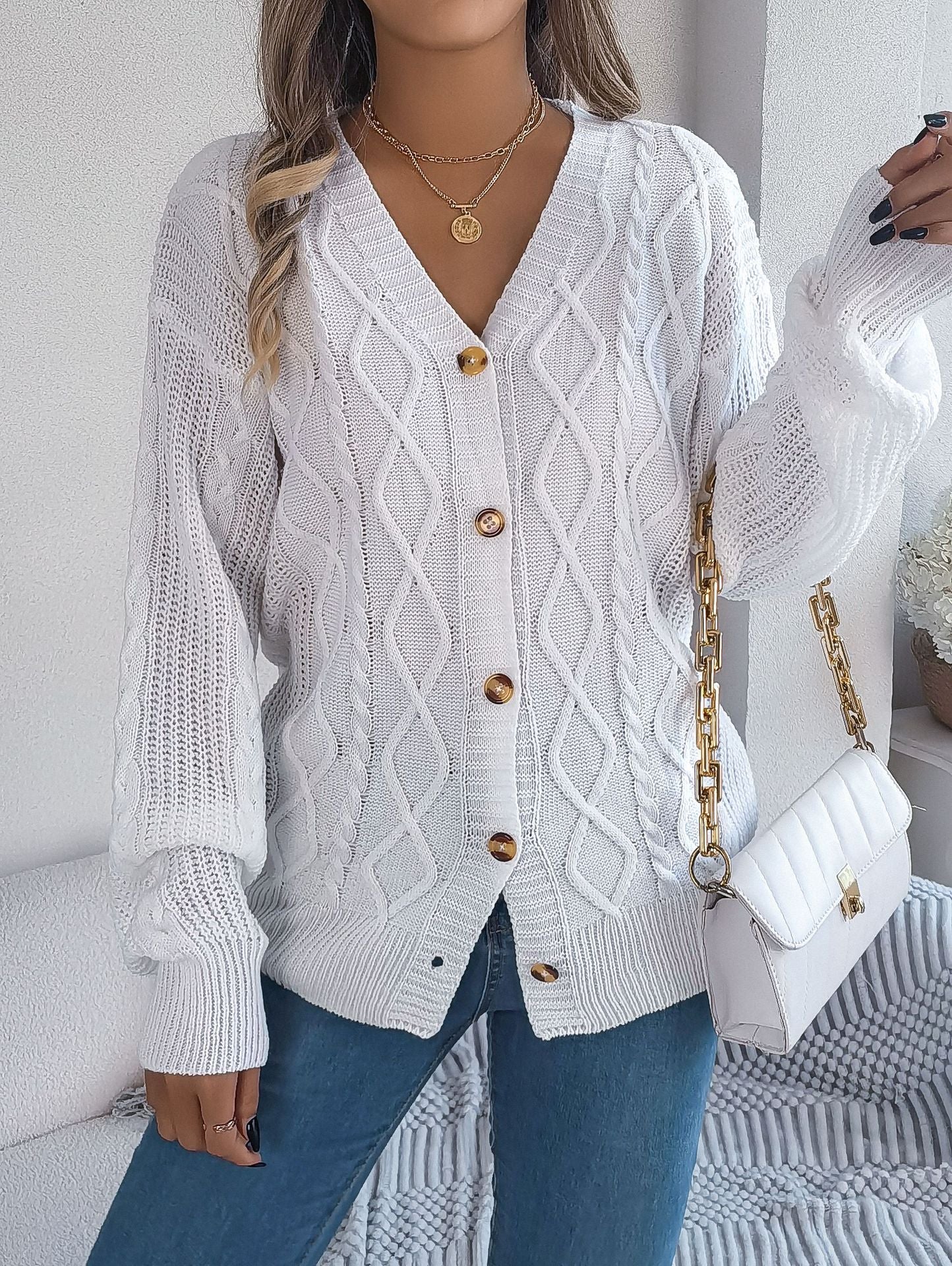 V-neck lantern sleeve Fried Dough Twists button cardigan sweater coat