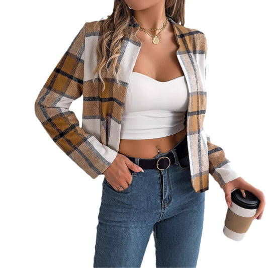 Casual plaid long sleeved woolen jacket