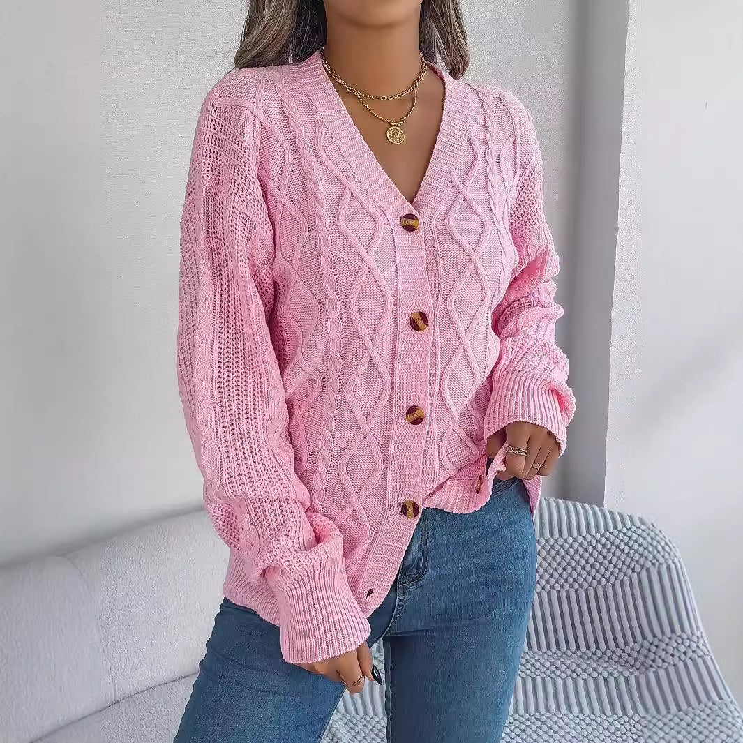 V-neck lantern sleeve Fried Dough Twists button cardigan sweater coat