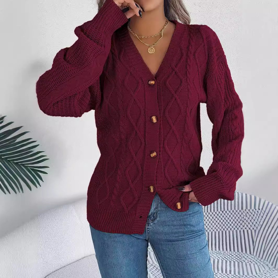 V-neck lantern sleeve Fried Dough Twists button cardigan sweater coat