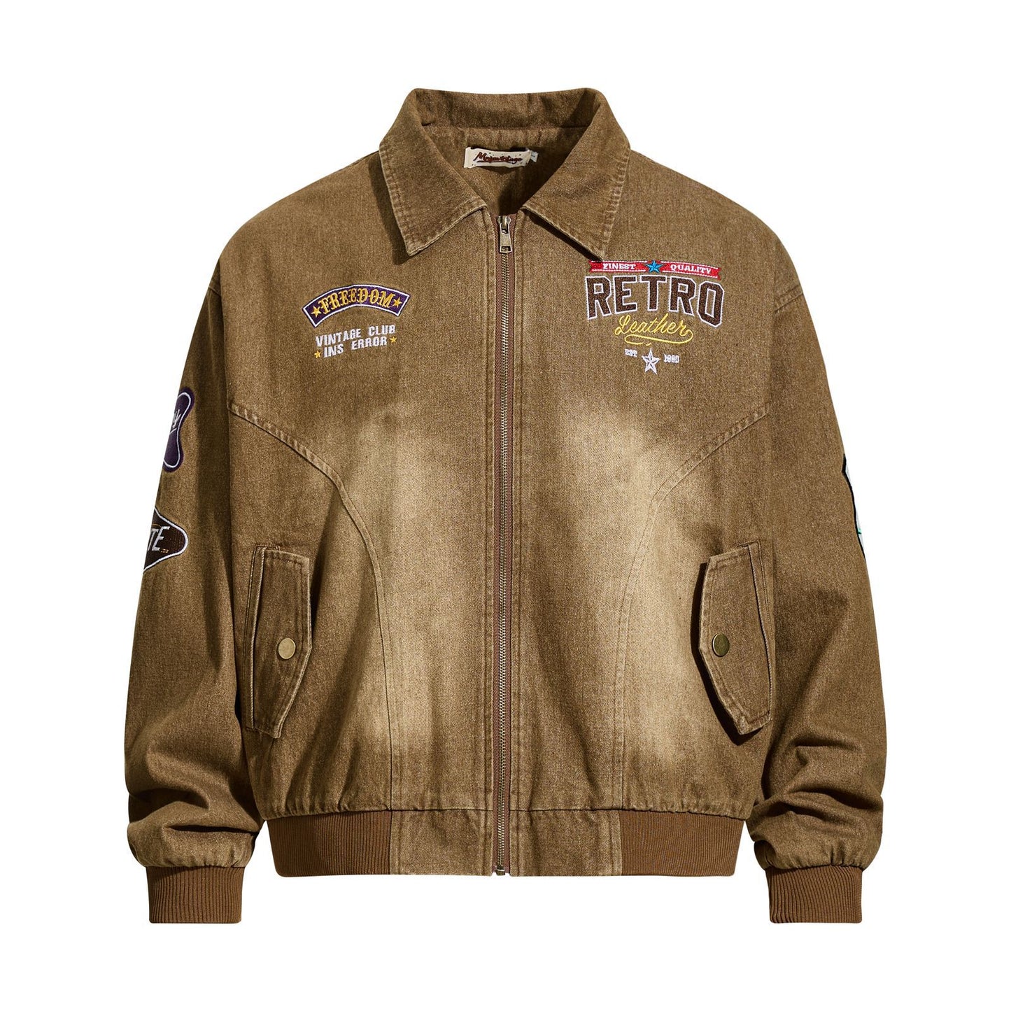 Retro Heavyweight Letter Embroidery Streetwear Cargo Jacket for Men,  Loose  Couple's Turn-Down Collar Outerwear