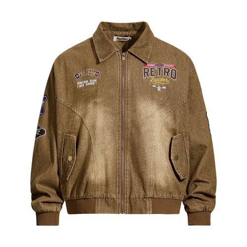Retro Heavyweight Letter Embroidery Streetwear Cargo Jacket for Men,  Loose  Couple's Turn-Down Collar Outerwear