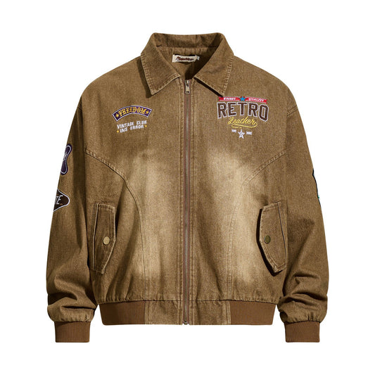 Retro Heavyweight Letter Embroidery Streetwear Cargo Jacket for Men,  Loose  Couple's Turn-Down Collar Outerwear