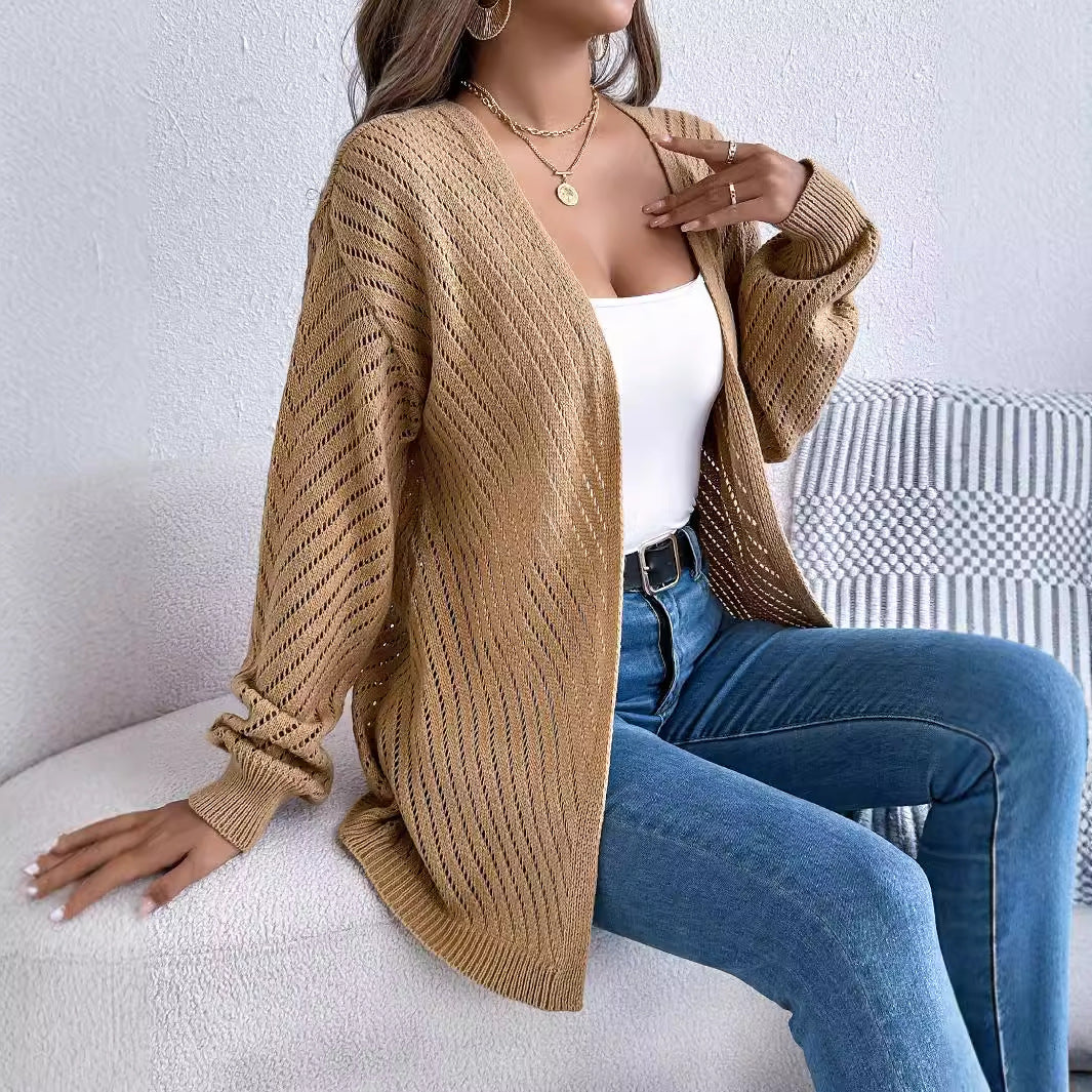 Casual solid color hollow out long sleeved cardigan sweater jacket