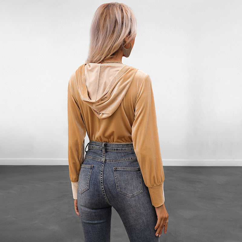 Solid Color Long Sleeve High Waist Hooded Tight-Fit Jumpsuit