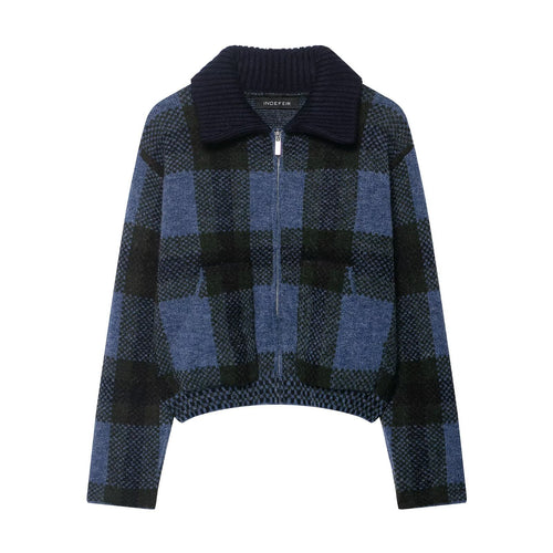 Collar plaid zipper blue knitted cardigan for women