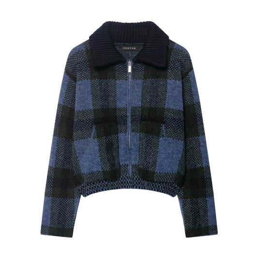 Collar plaid zipper blue knitted cardigan for women