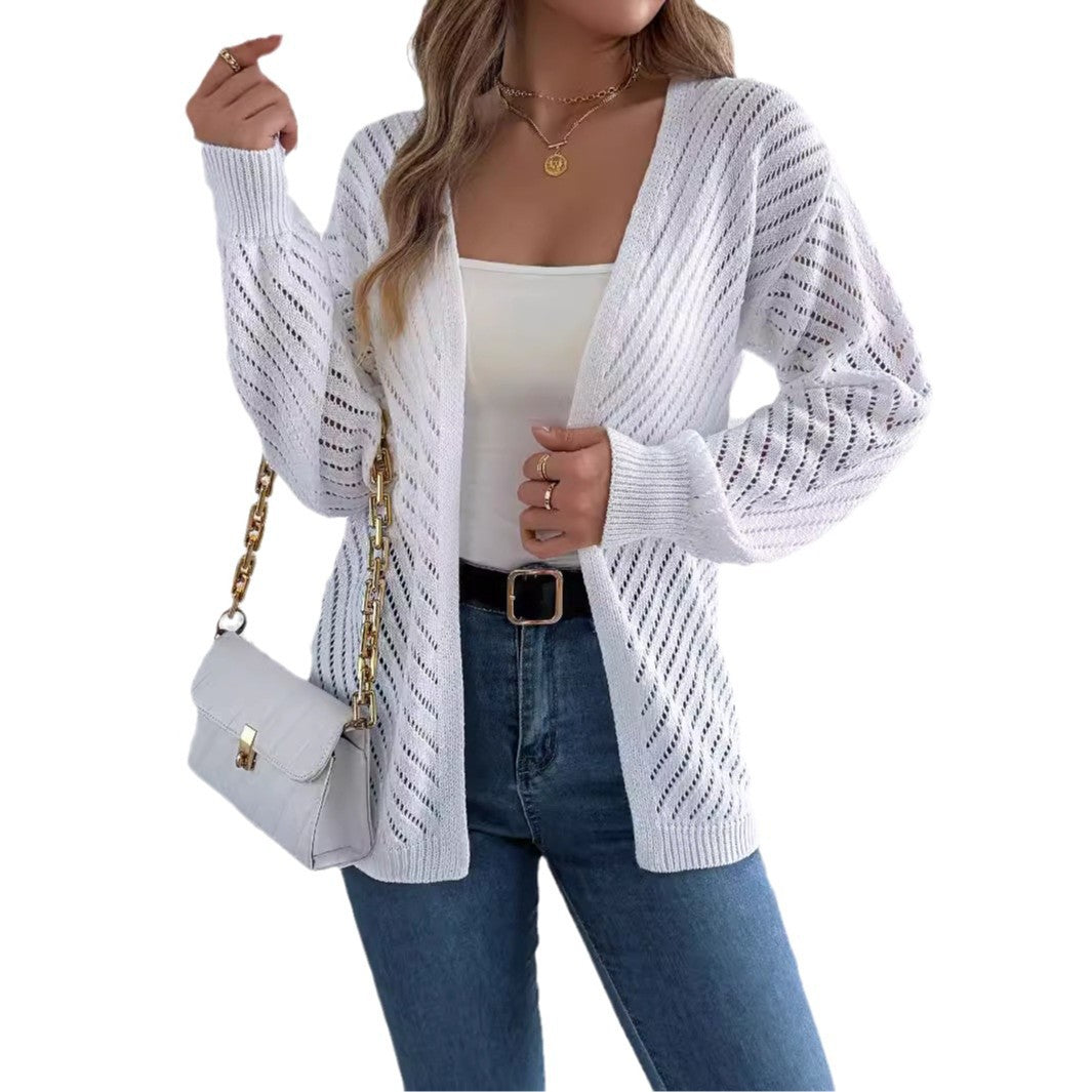 Casual solid color hollow out long sleeved cardigan sweater jacket