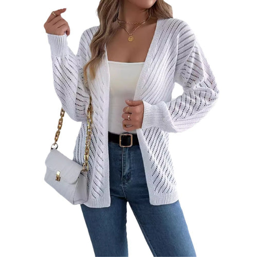 Casual solid color hollow out long sleeved cardigan sweater jacket