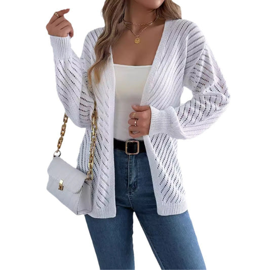 Casual solid color hollow out long sleeved cardigan sweater jacket