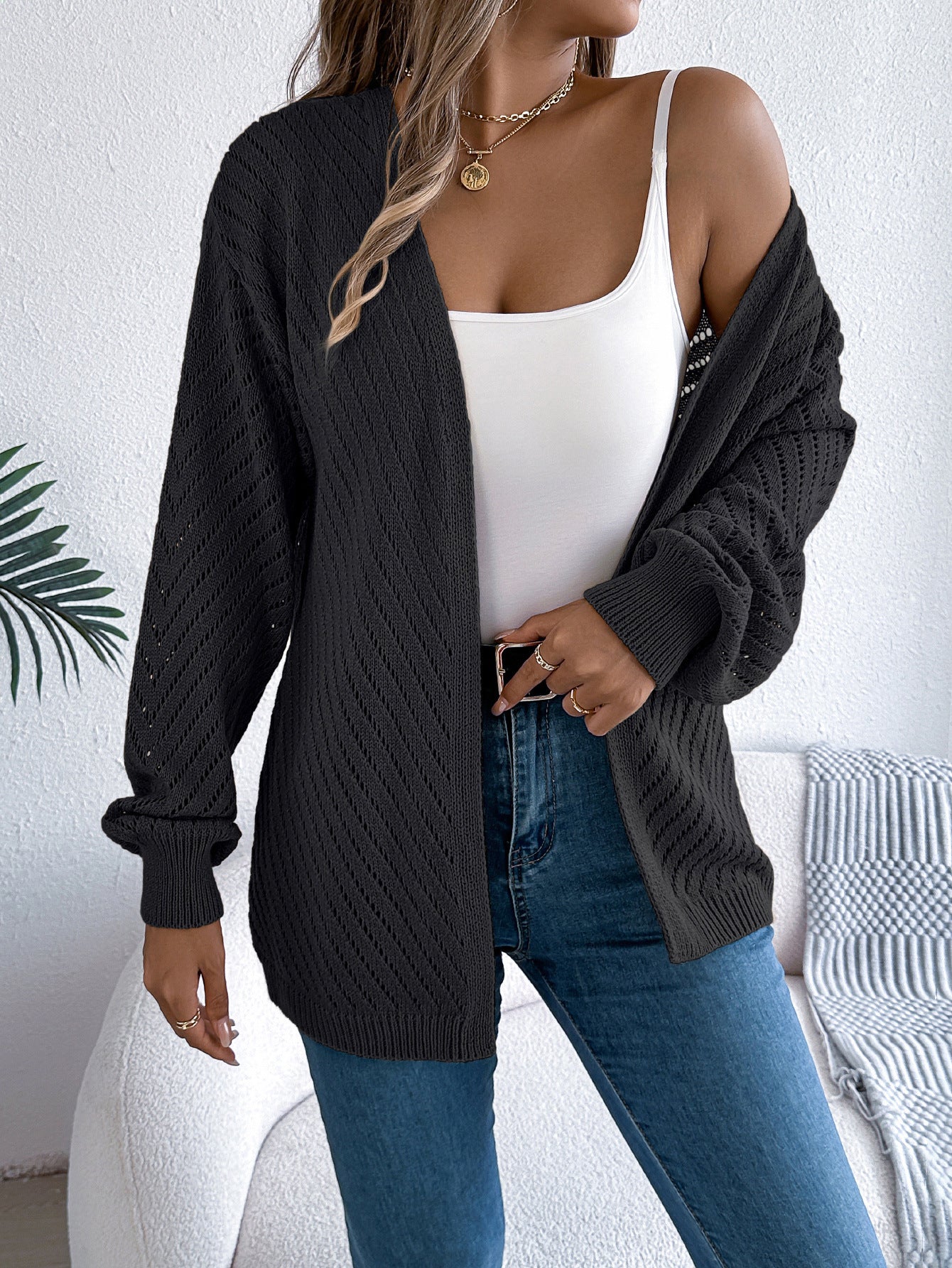 Casual solid color hollow out long sleeved cardigan sweater jacket