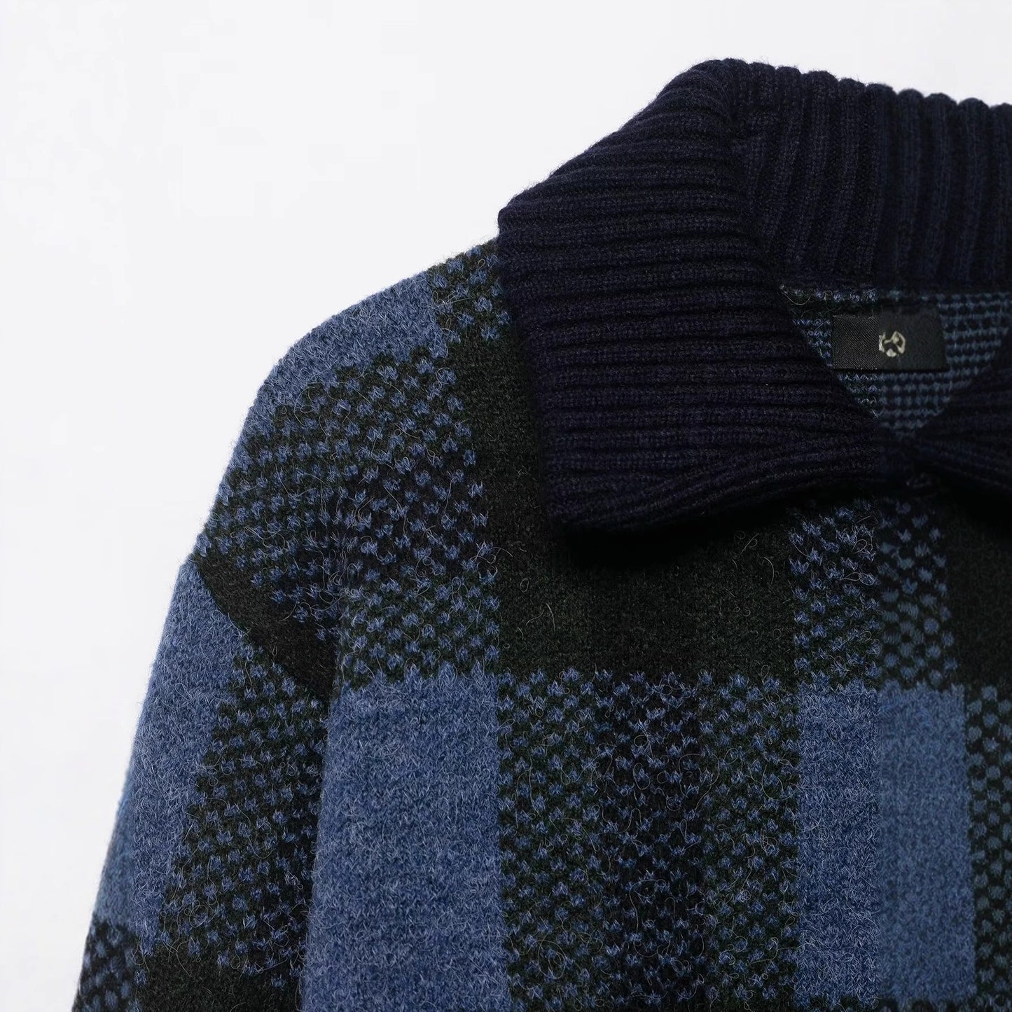 Collar plaid zipper blue knitted cardigan for women