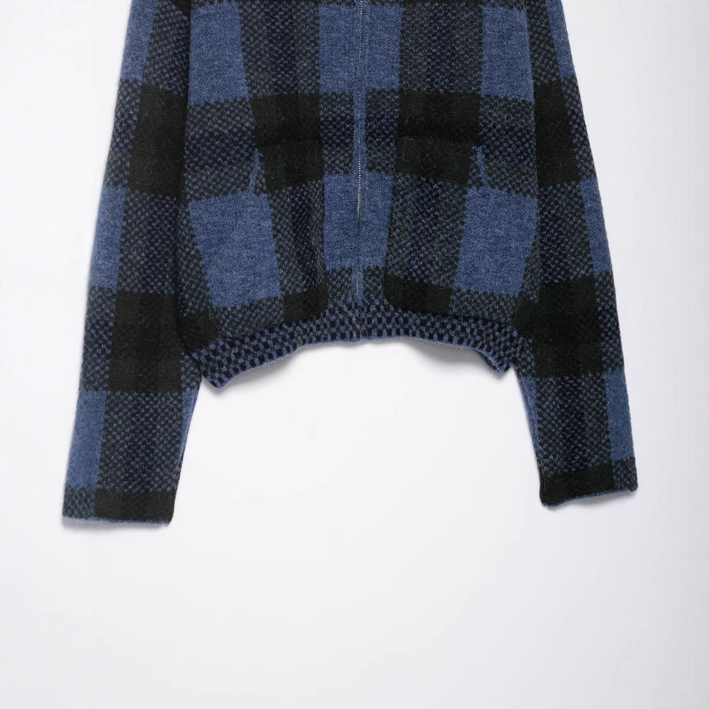 Collar plaid zipper blue knitted cardigan for women