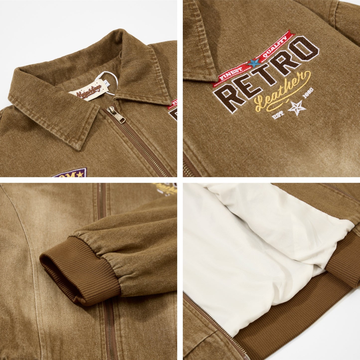 Retro Heavyweight Letter Embroidery Streetwear Cargo Jacket for Men,  Loose  Couple's Turn-Down Collar Outerwear
