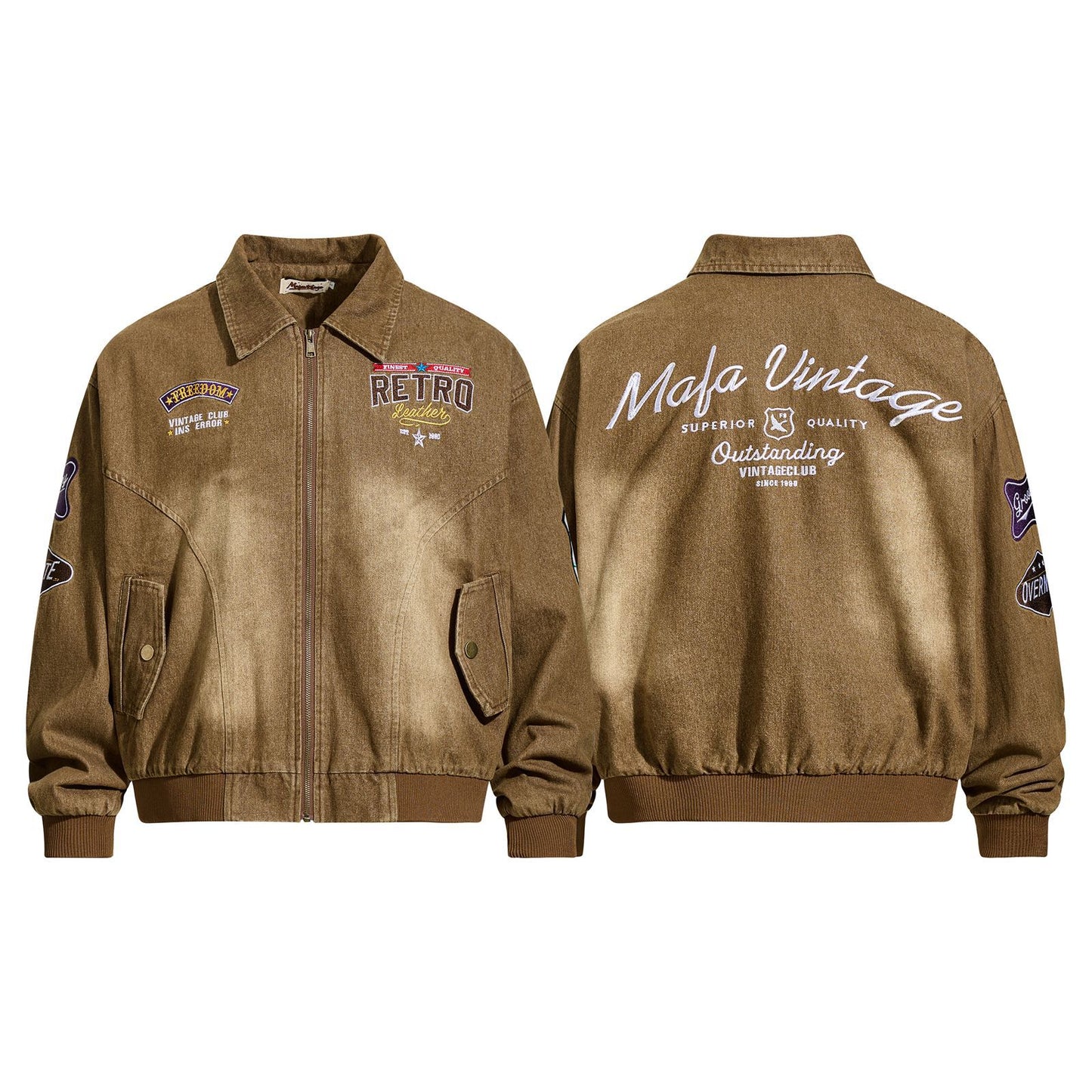 Retro Heavyweight Letter Embroidery Streetwear Cargo Jacket for Men,  Loose  Couple's Turn-Down Collar Outerwear
