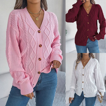 V-neck lantern sleeve Fried Dough Twists button cardigan sweater coat
