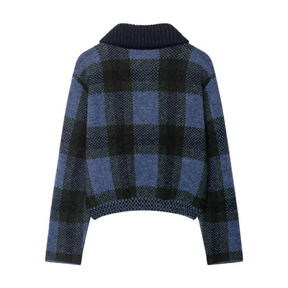 Collar plaid zipper blue knitted cardigan for women