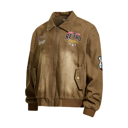 Retro Heavyweight Letter Embroidery Streetwear Cargo Jacket for Men,  Loose  Couple's Turn-Down Collar Outerwear