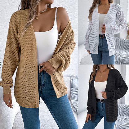 Casual solid color hollow out long sleeved cardigan sweater jacket