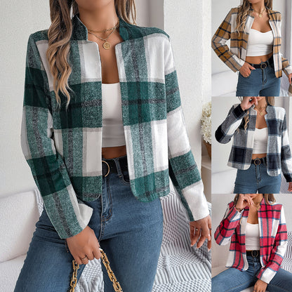 Casual plaid long sleeved woolen jacket