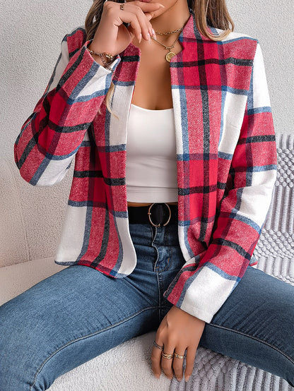 Casual plaid long sleeved woolen jacket
