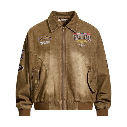 Retro Heavyweight Letter Embroidery Streetwear Cargo Jacket for Men,  Loose  Couple's Turn-Down Collar Outerwear