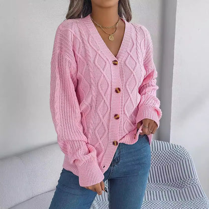 V-neck lantern sleeve Fried Dough Twists button cardigan sweater coat