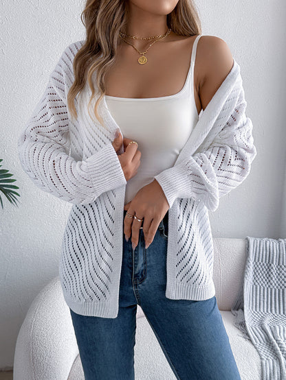 Casual solid color hollow out long sleeved cardigan sweater jacket