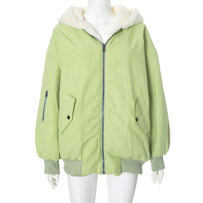 Winter Reversible Fleece Cotton Coat with Zipper, Thickened Korean Style Outerwear for Women