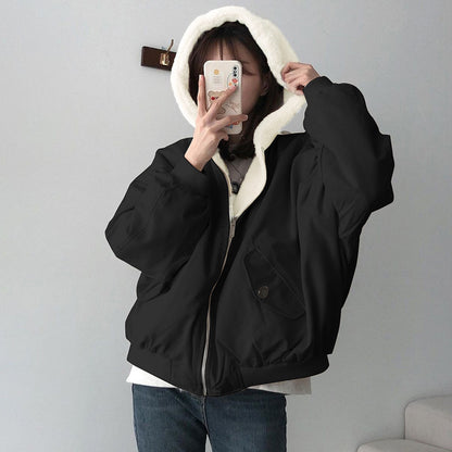 Winter Reversible Fleece Cotton Coat with Zipper, Thickened Korean Style Outerwear for Women