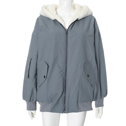 Winter Reversible Fleece Cotton Coat with Zipper, Thickened Korean Style Outerwear for Women