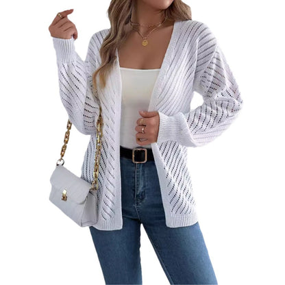 Casual solid color hollow out long sleeved cardigan sweater jacket