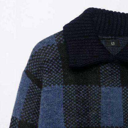 Collar plaid zipper blue knitted cardigan for women